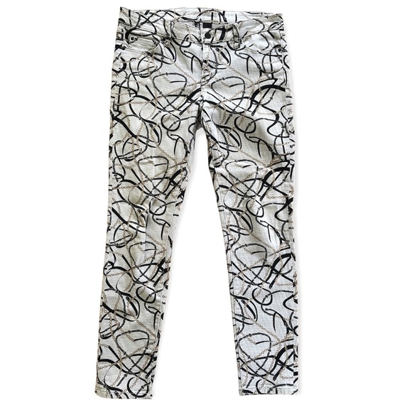 Bisou Bisou Novelty Print Trouser Cream Black Chain Accent Skinny Jeans Size 10 - Picture 1 of 6